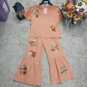 3678 Size Medium Two Piece Upcycled Rust and Gold with Applique Pant Set.